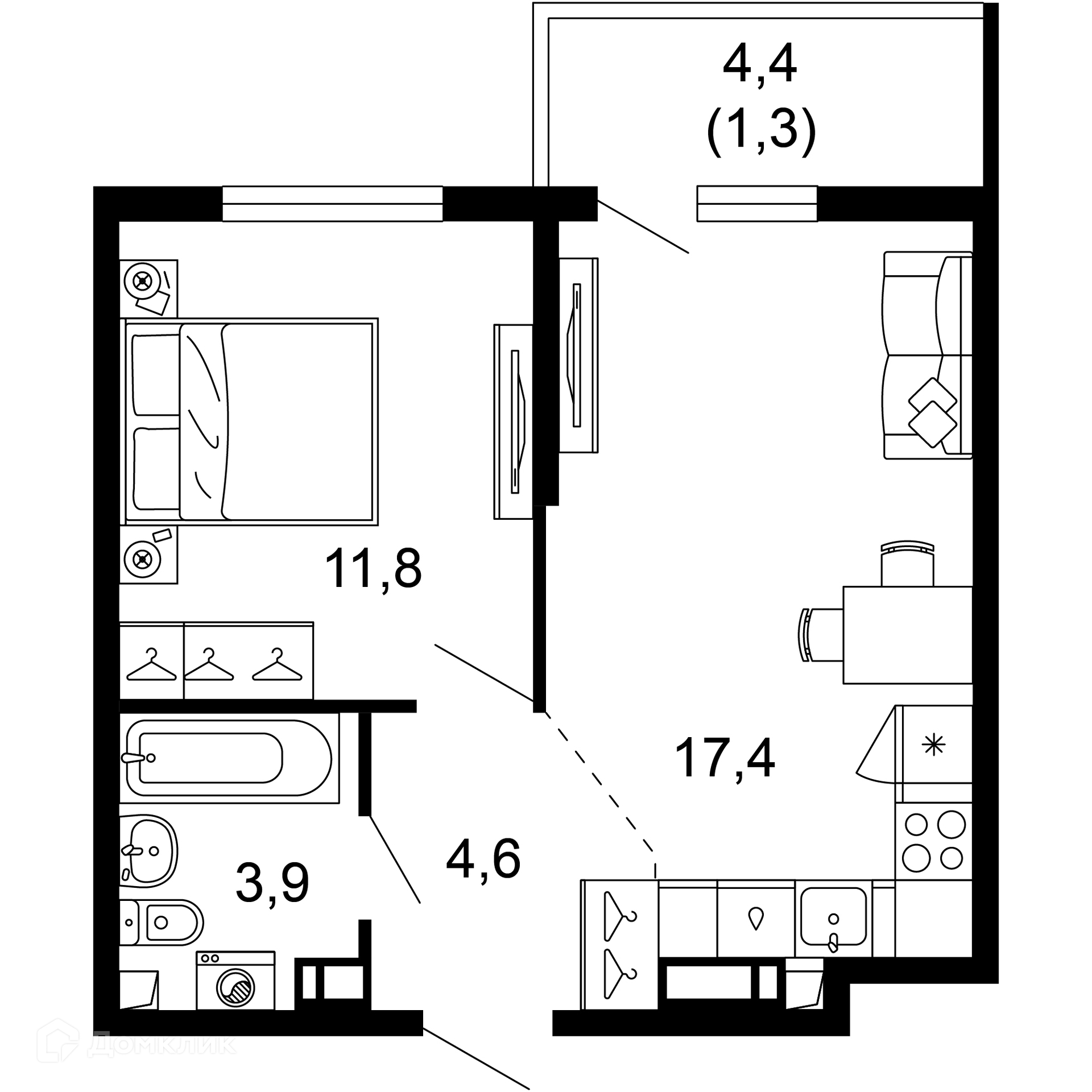 1-комнатная квартира, 39.00 м², 4/17 эт.