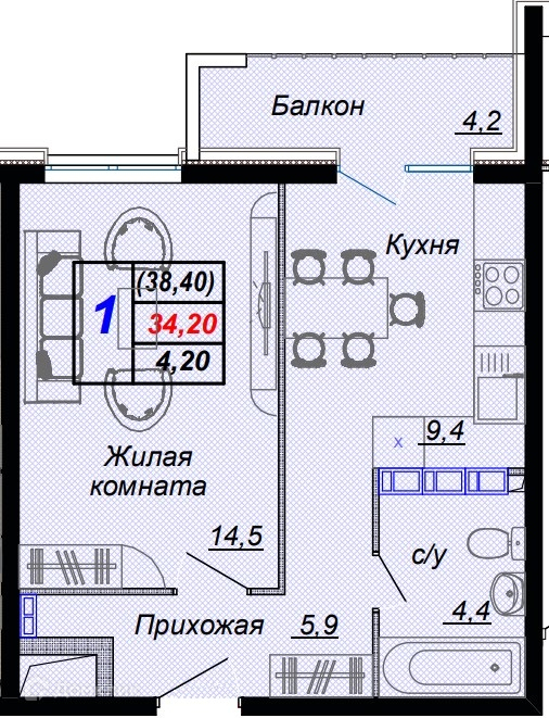 1-комн 38.40 м² - фото 1