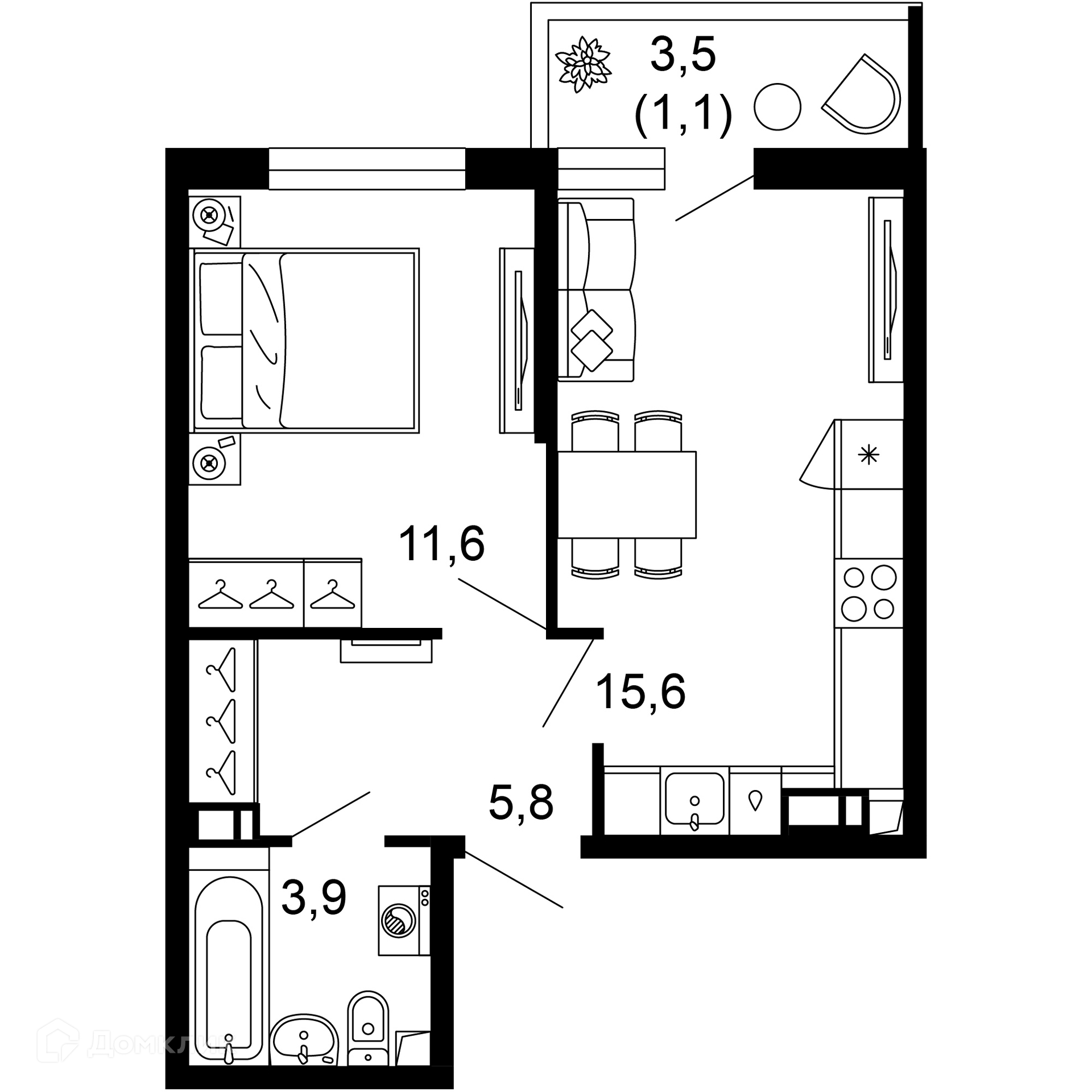 1-комн 38.00 м² - фото 1