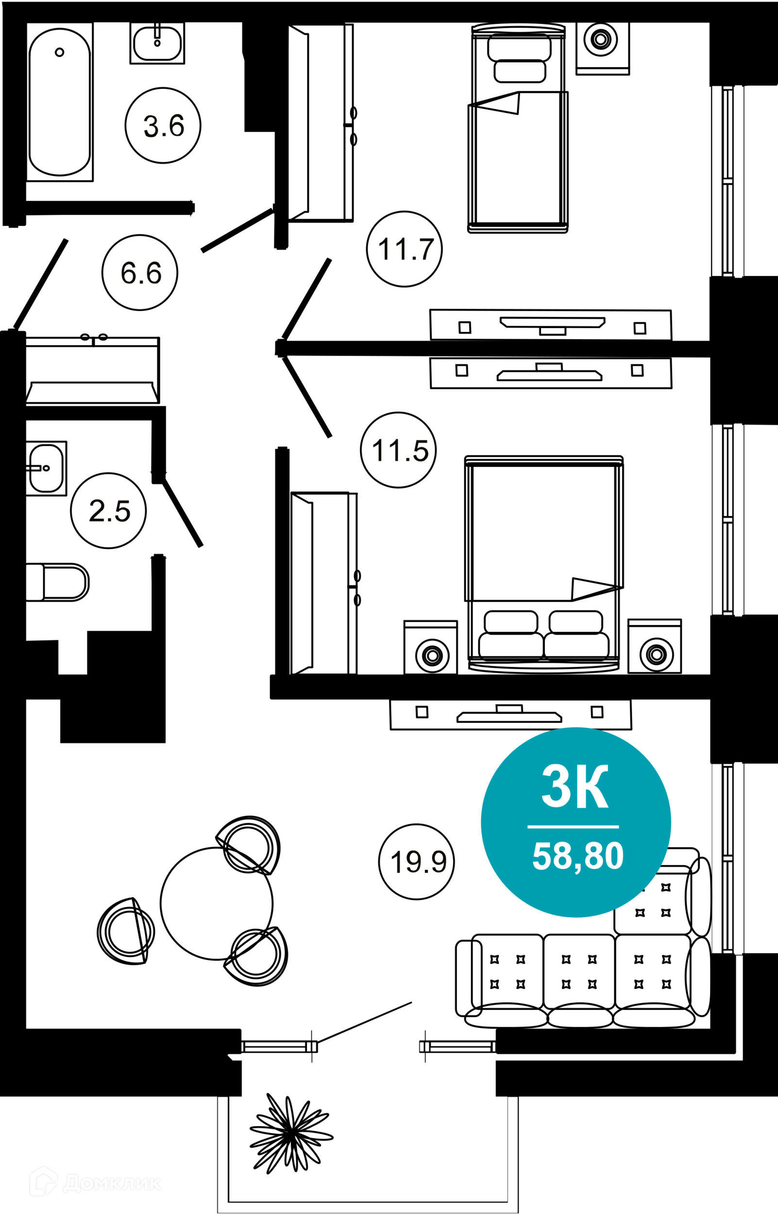 3-комнатная квартира, 58.80 м², 2/10 эт.