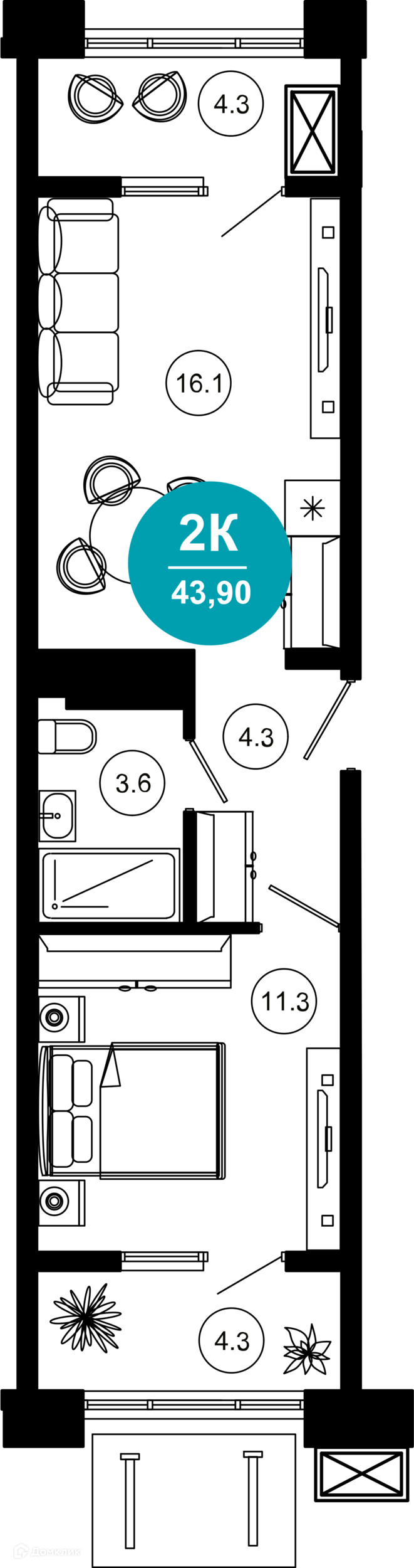 2-комнатная квартира, 43.90 м², 2/10 эт.