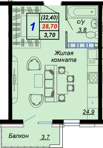 Студия, 32.40 м², 11/16 эт.