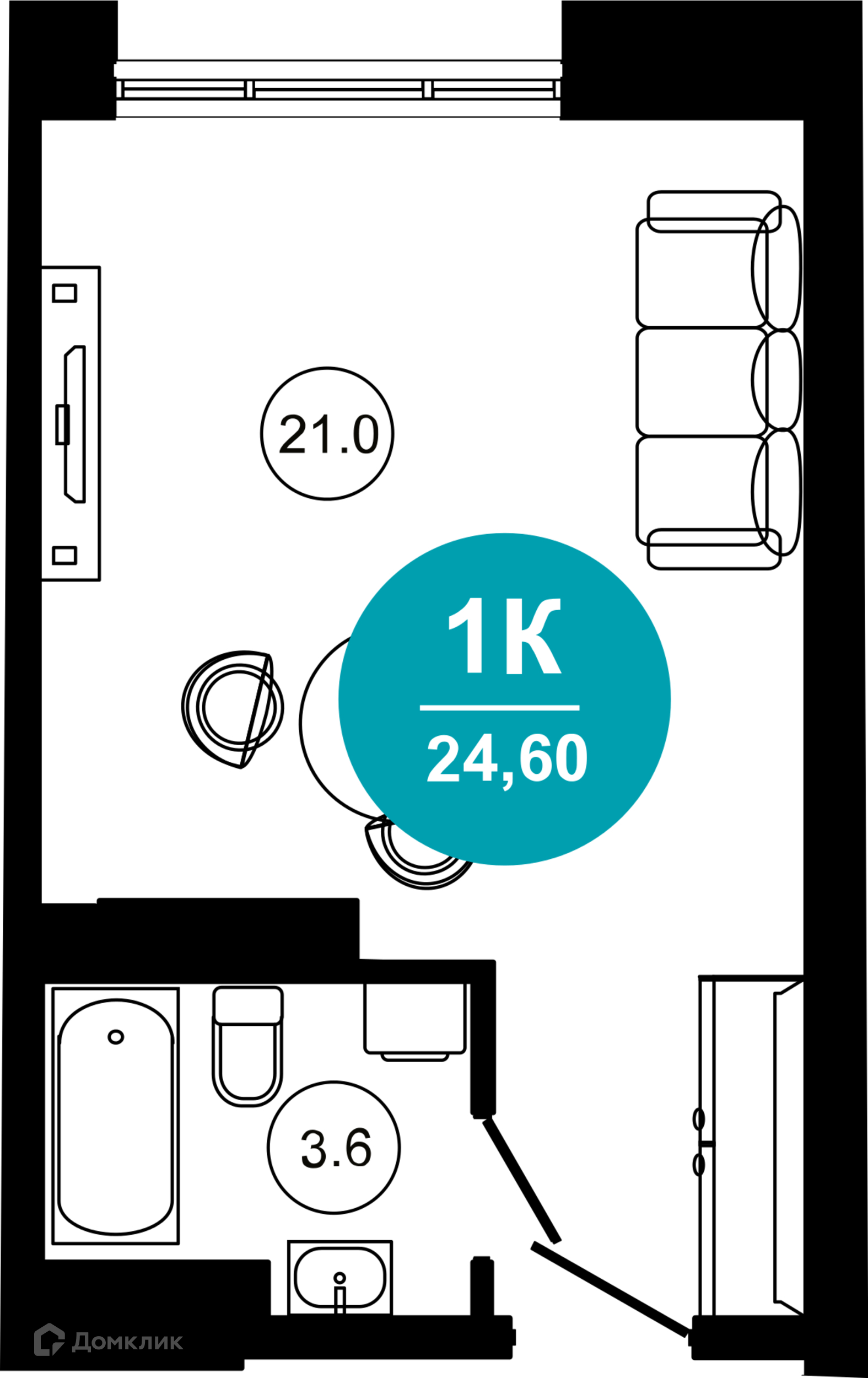 1-комнатная квартира, 24.60 м², 2/10 эт.