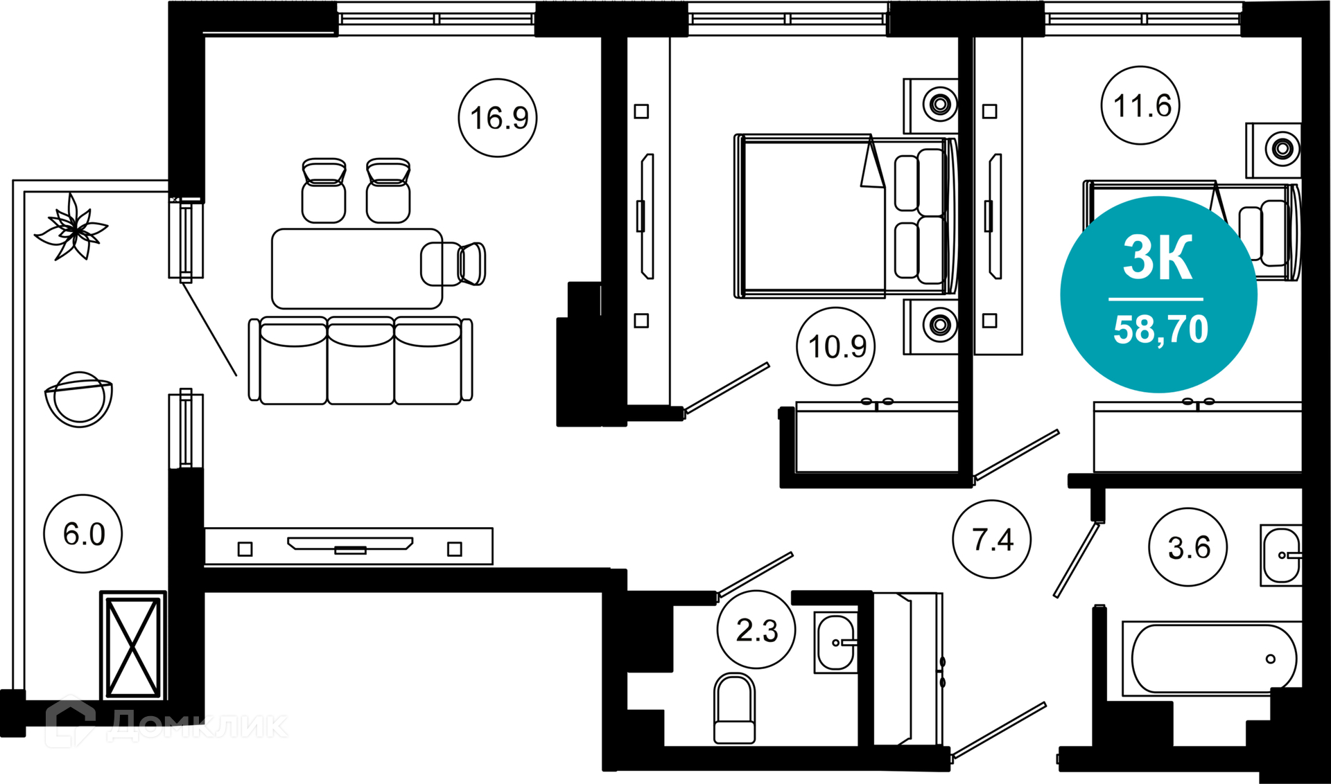 3-комнатная квартира, 58.70 м², 4/10 эт.