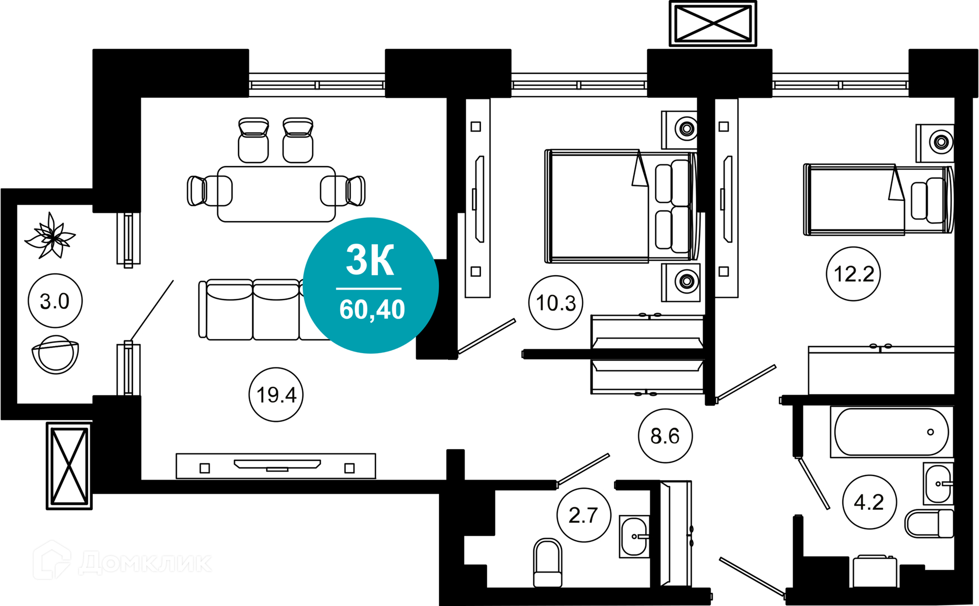 3-комн 60.40 м² - фото 1
