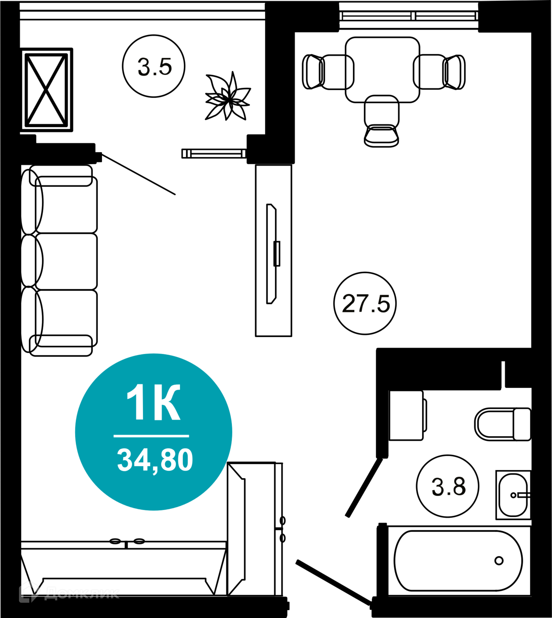 1-комнатная квартира, 34.80 м², 4/10 эт.