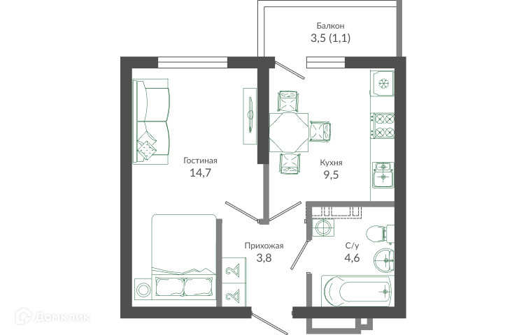 1-комн 33.40 м² - фото 1