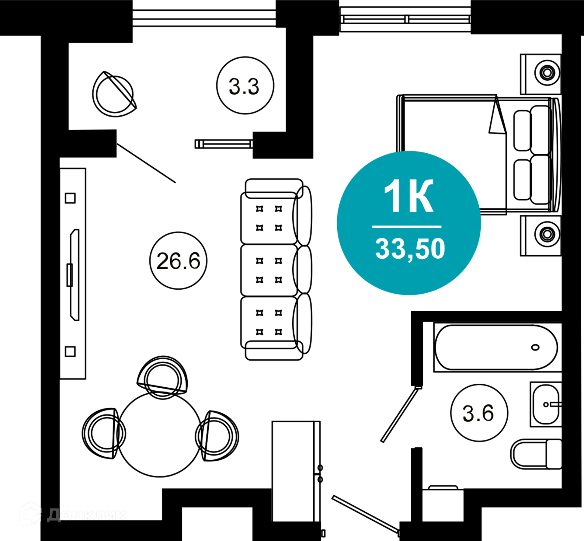 1-комнатная квартира, 33.50 м², 3/10 эт.