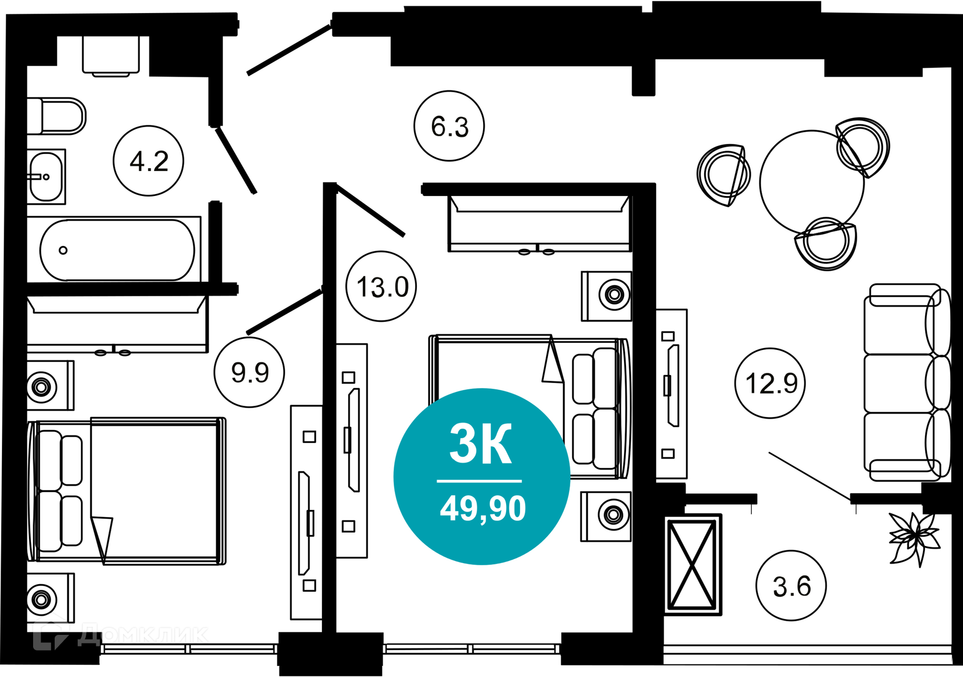 3-комн 49.90 м² - фото 1