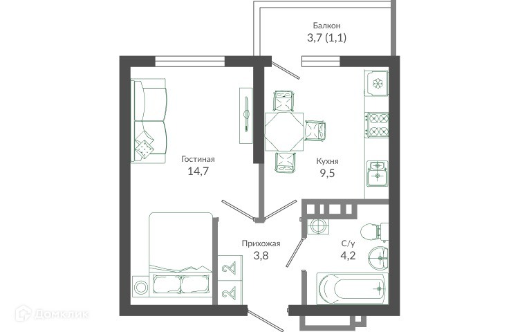 1-комн 33.60 м² - фото 1