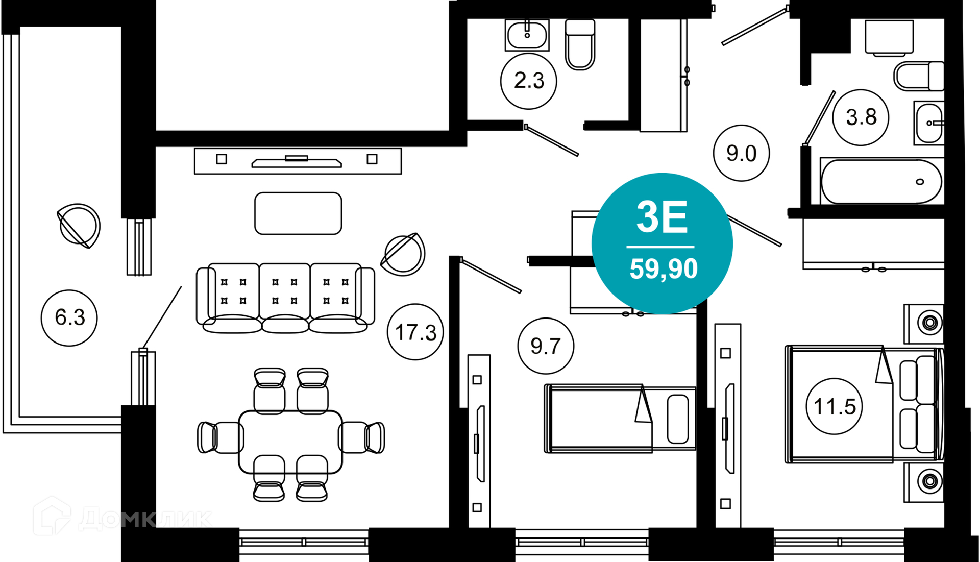3-комнатная квартира, 59.90 м², 3/10 эт.