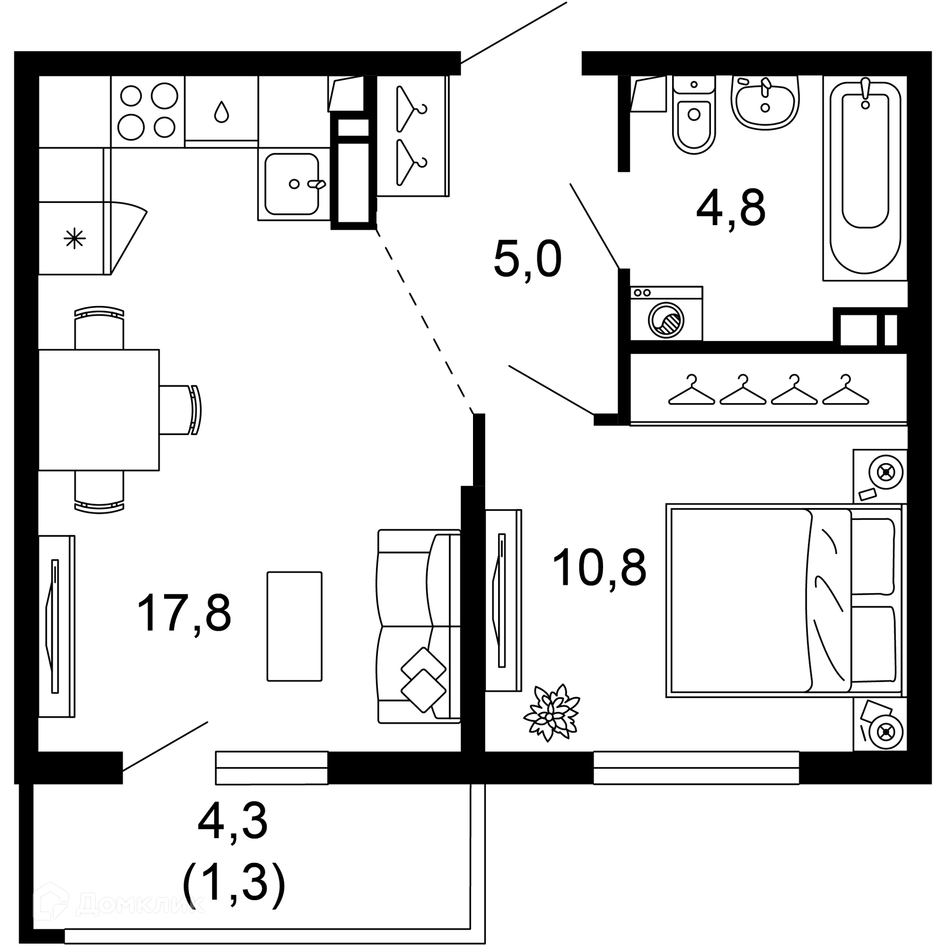 1-комнатная квартира, 39.70 м², 2/17 эт.