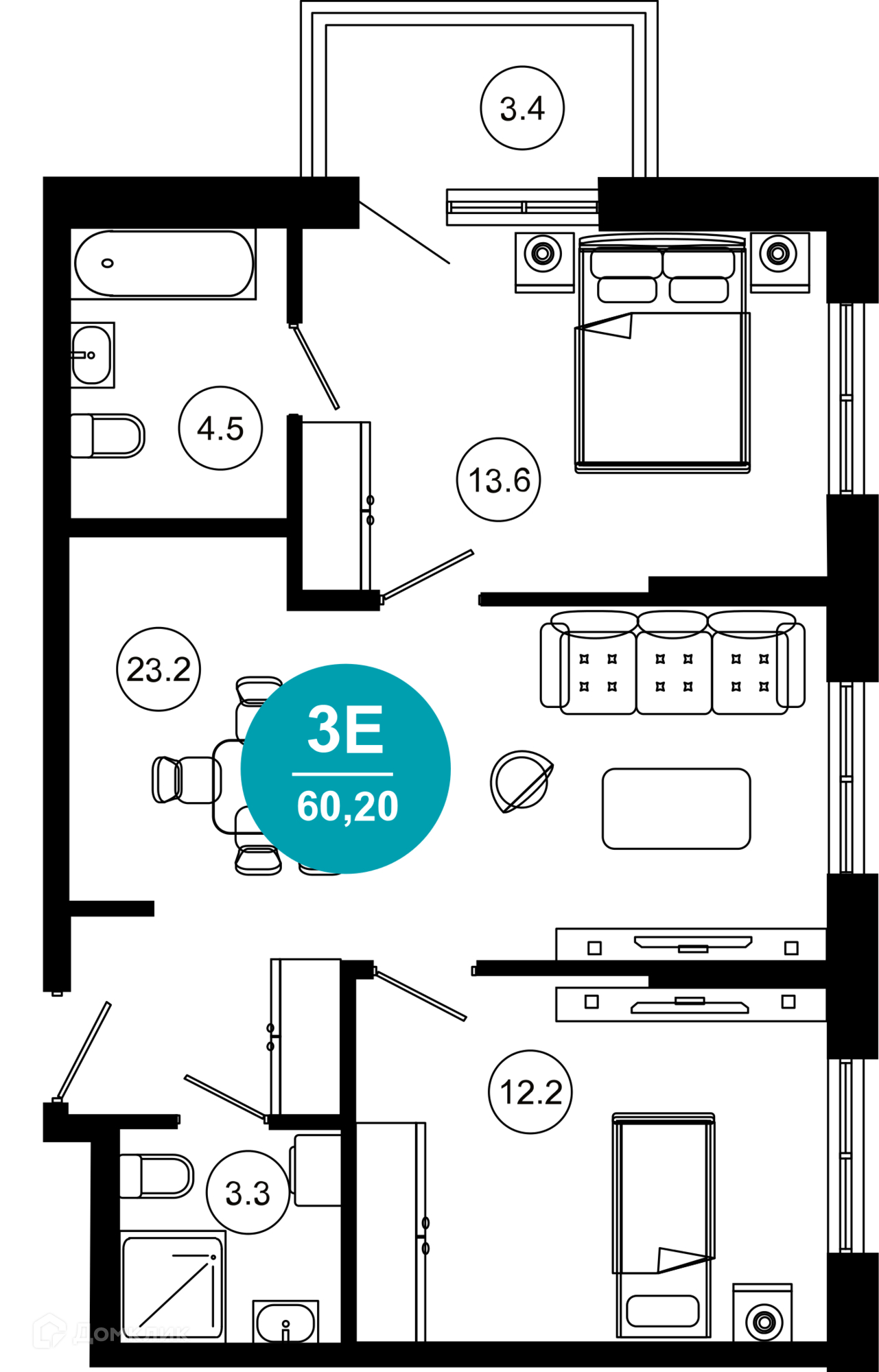 3-комнатная квартира, 60.20 м², 2/10 эт.