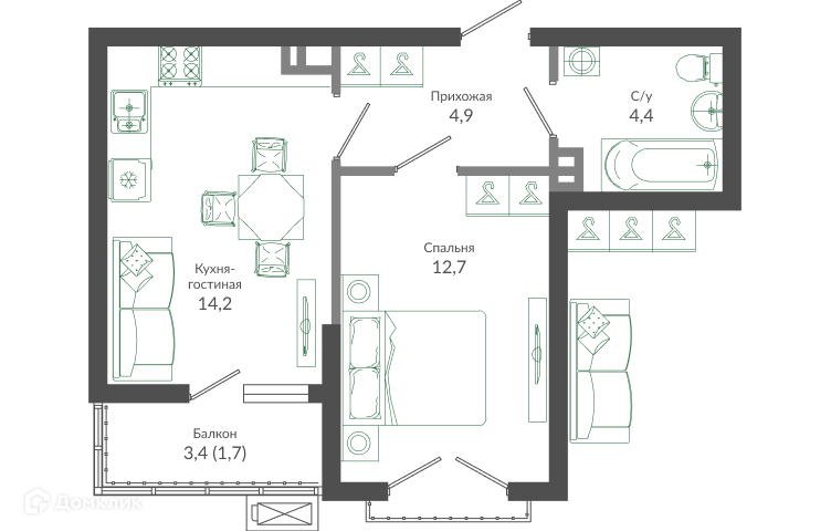 1-комнатная квартира, 38.30 м², 12/12 эт.