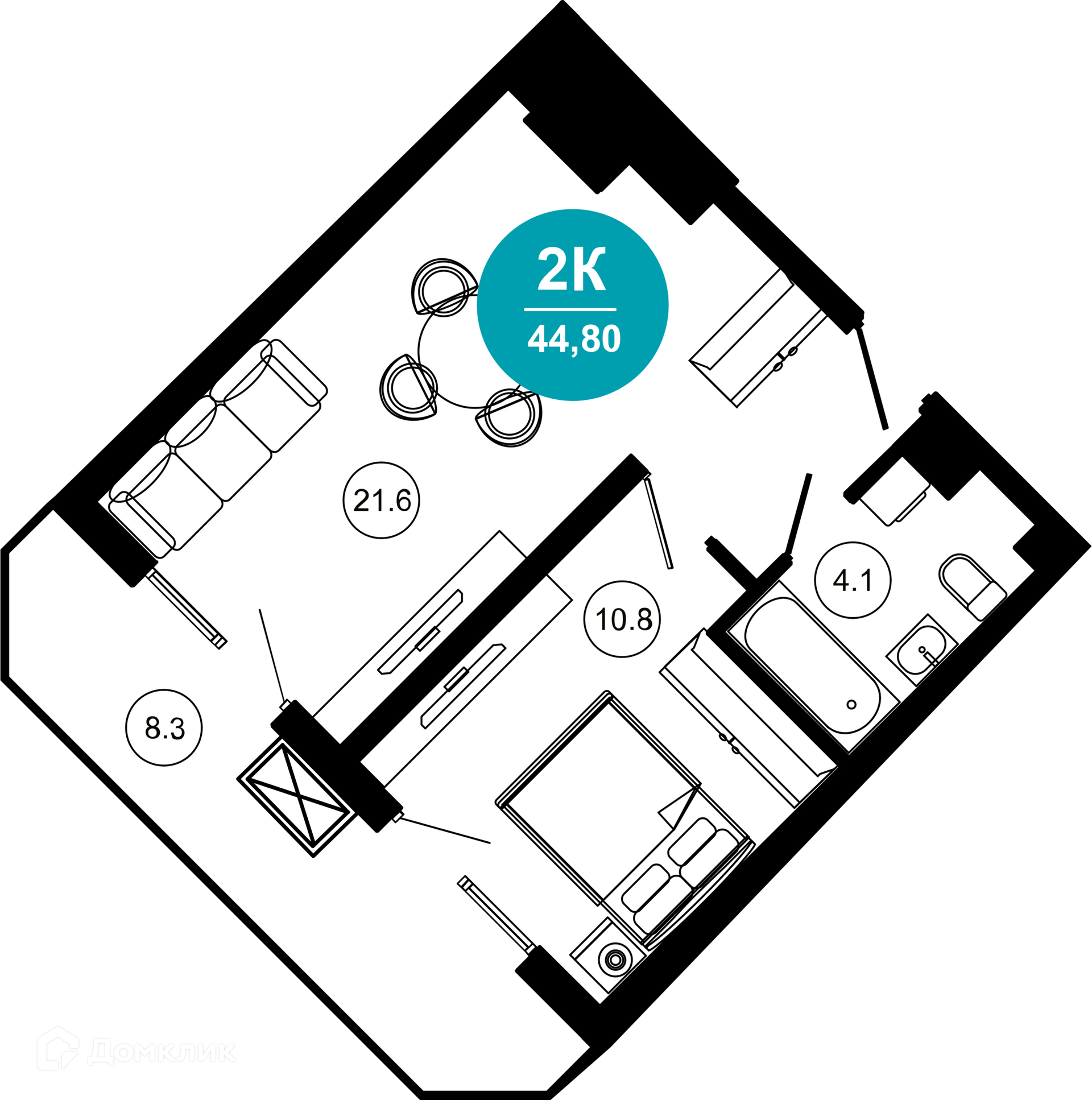2-комнатная квартира, 44.80 м², 3/10 эт.