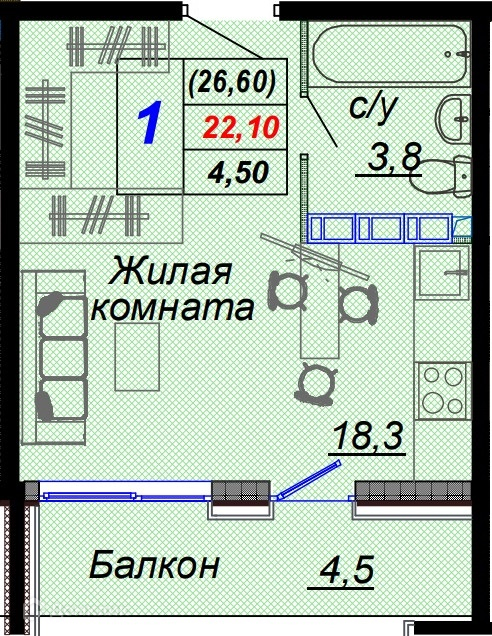 Студия 26.60 м² - фото 1