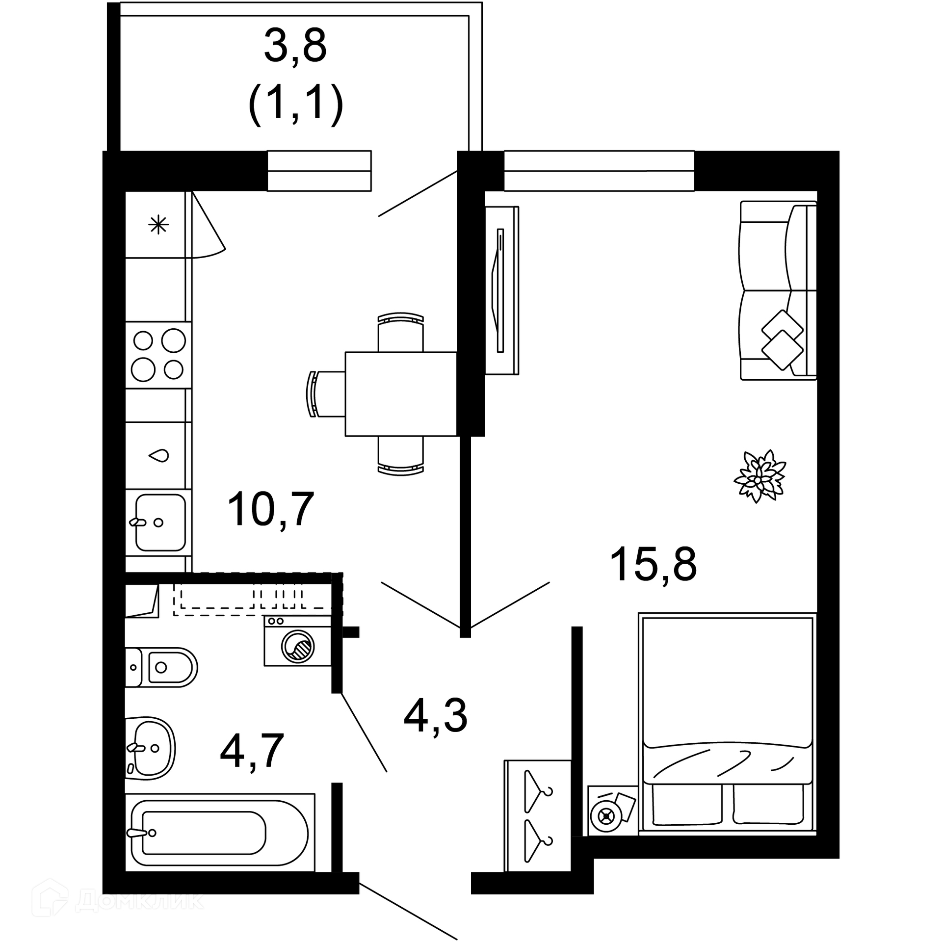 1-комнатная квартира, 36.60 м², 1/17 эт.
