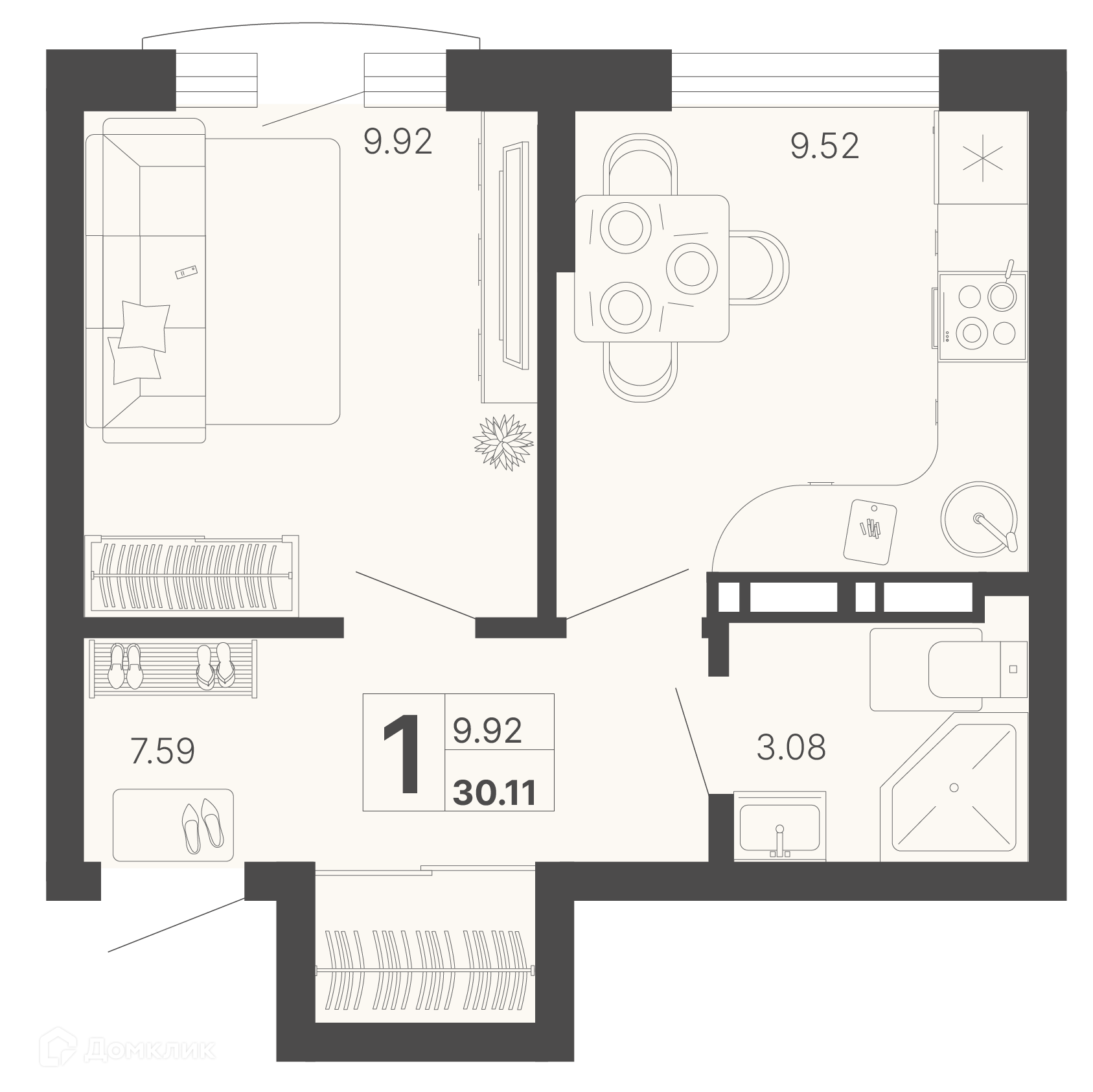 1-комн 30.11 м² - фото 1