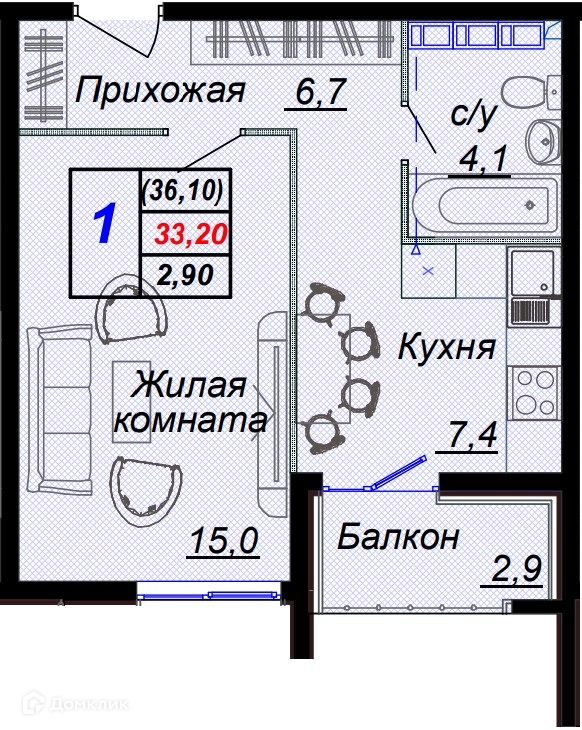 1-комн 36.10 м² - фото 1