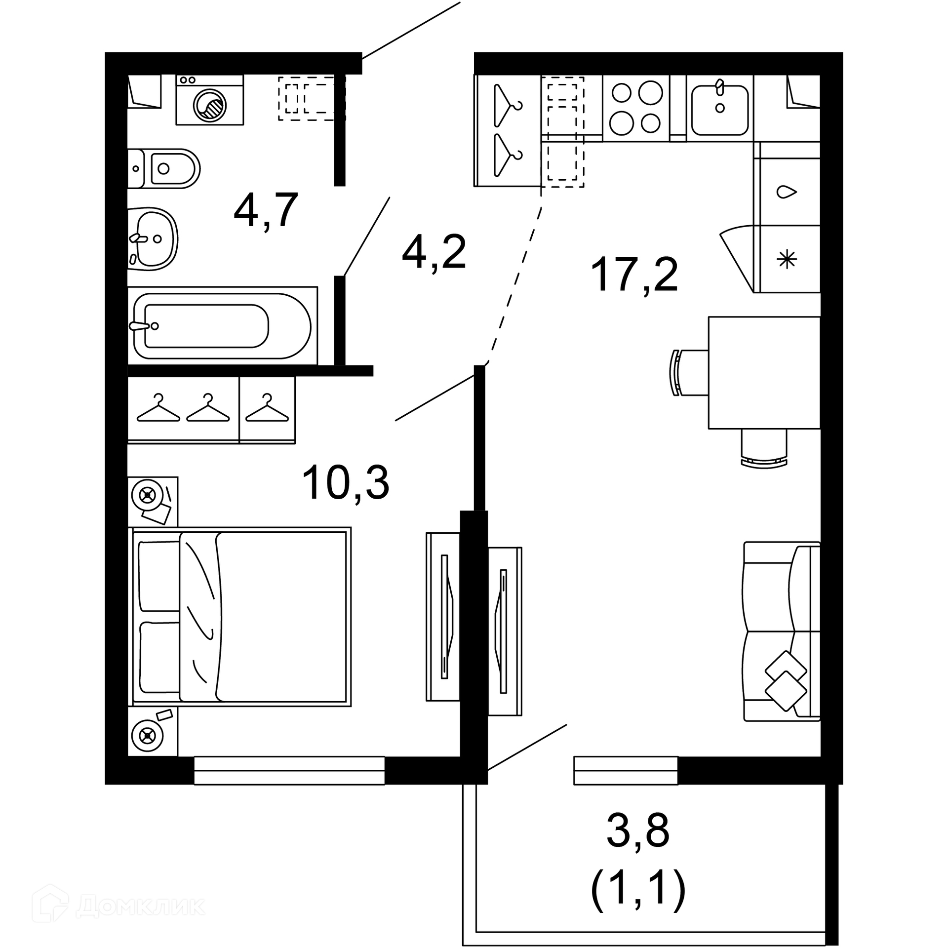 1-комнатная квартира, 37.50 м², 1/17 эт.