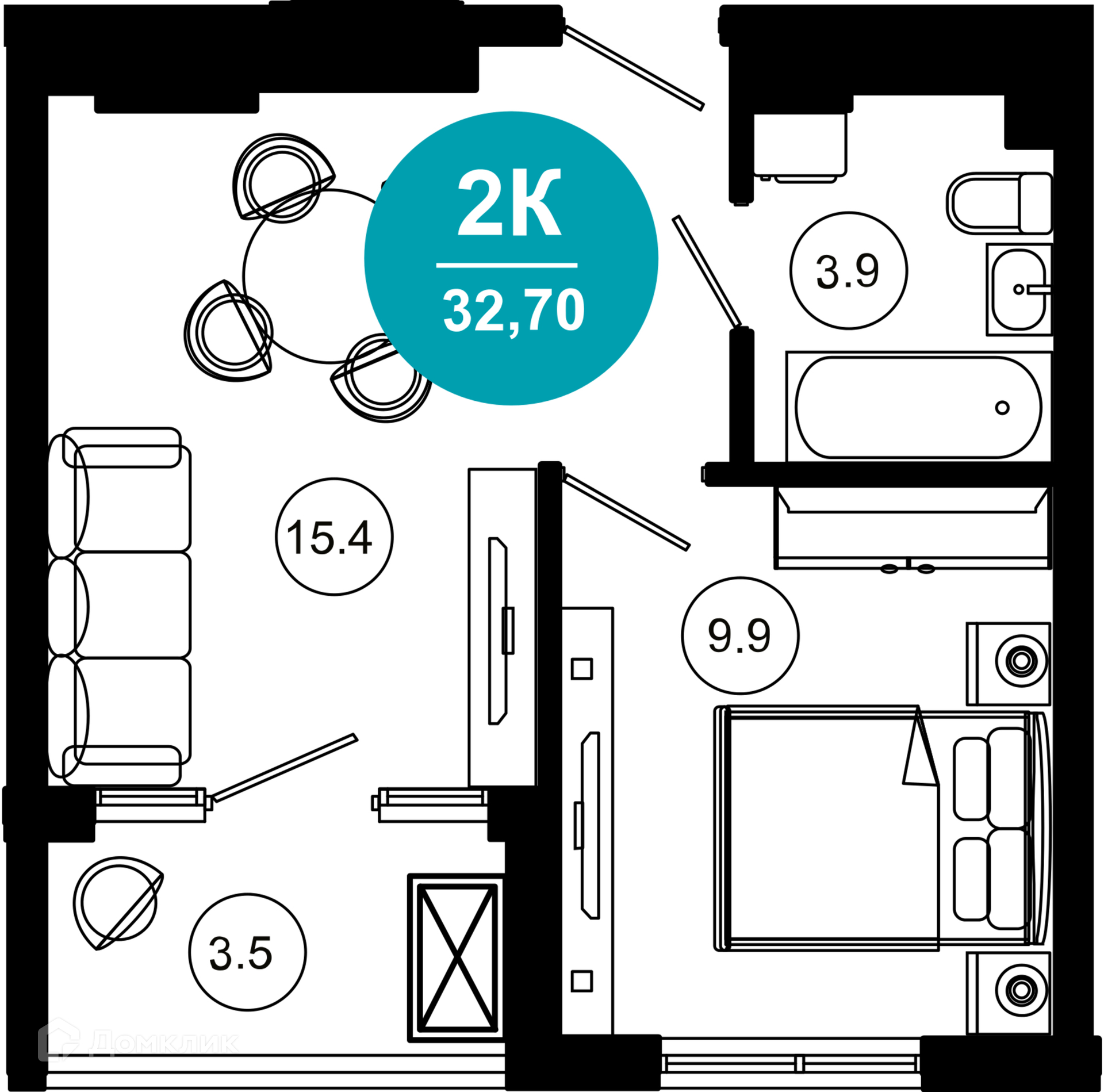 2-комнатная квартира, 32.70 м², 8/10 эт.