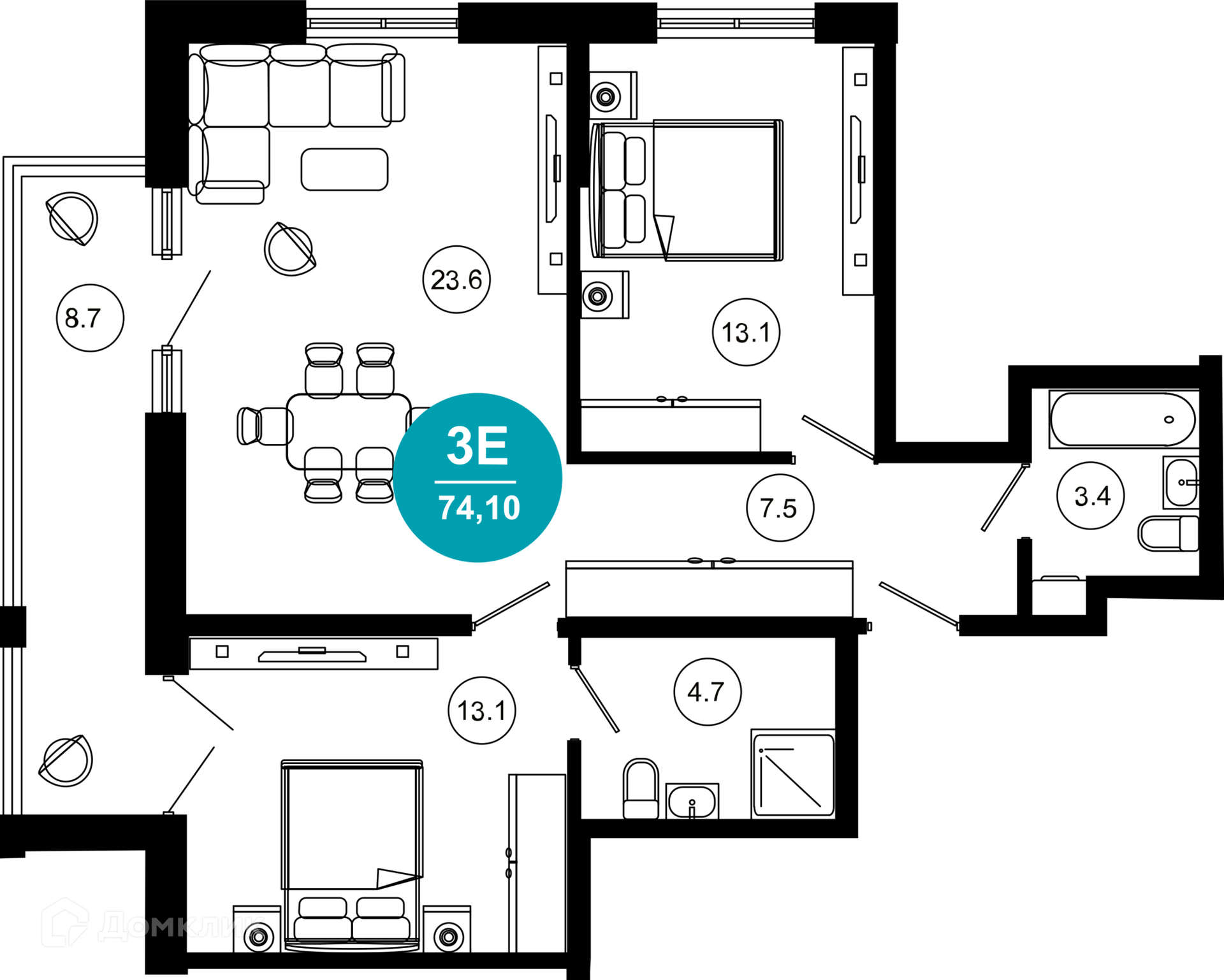 3-комнатная квартира, 74.10 м², 3/10 эт.