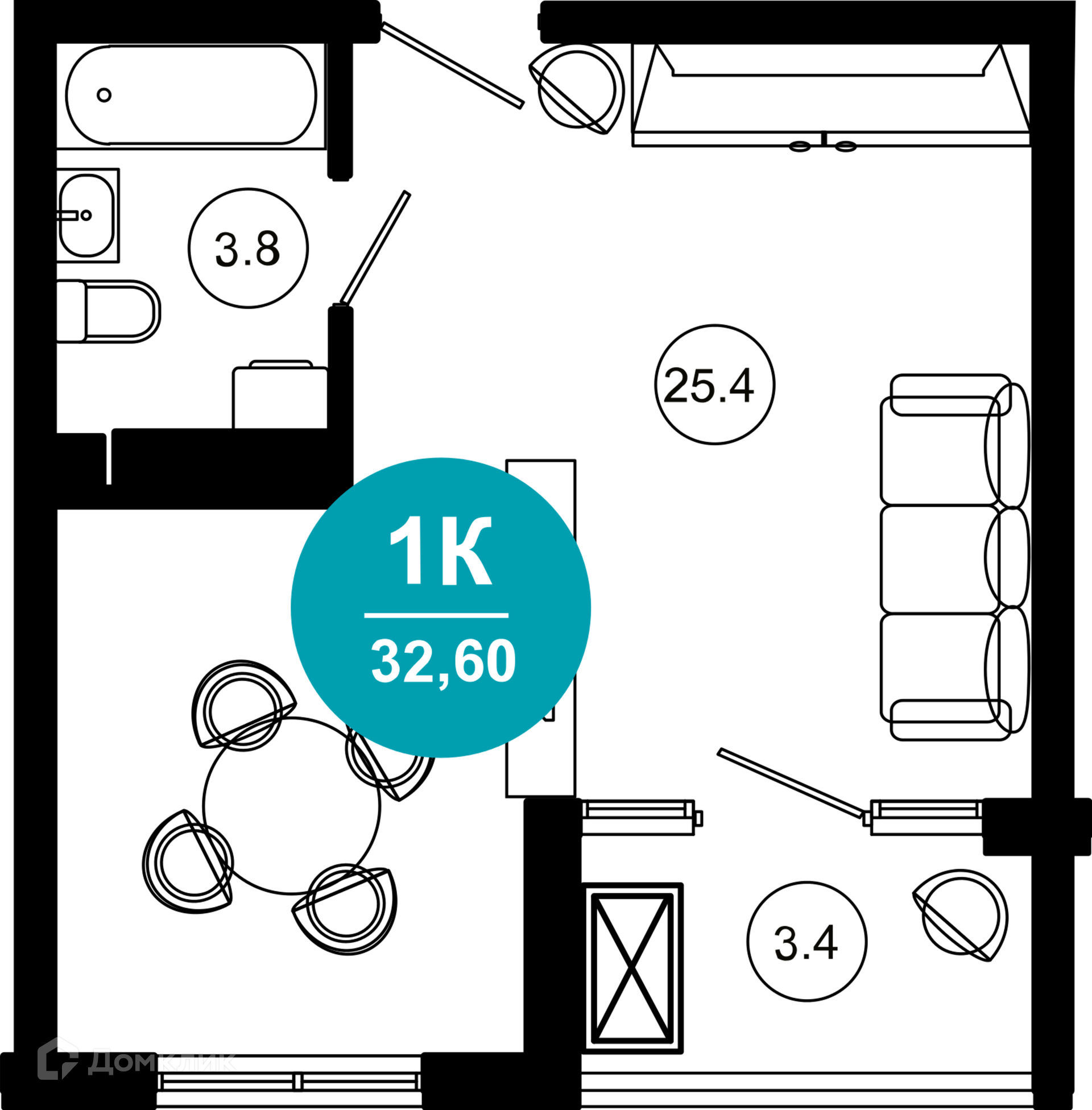 1-комнатная квартира, 32.60 м², 3/10 эт.
