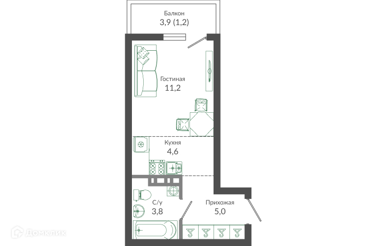 Студия 25.80 м² - фото 1