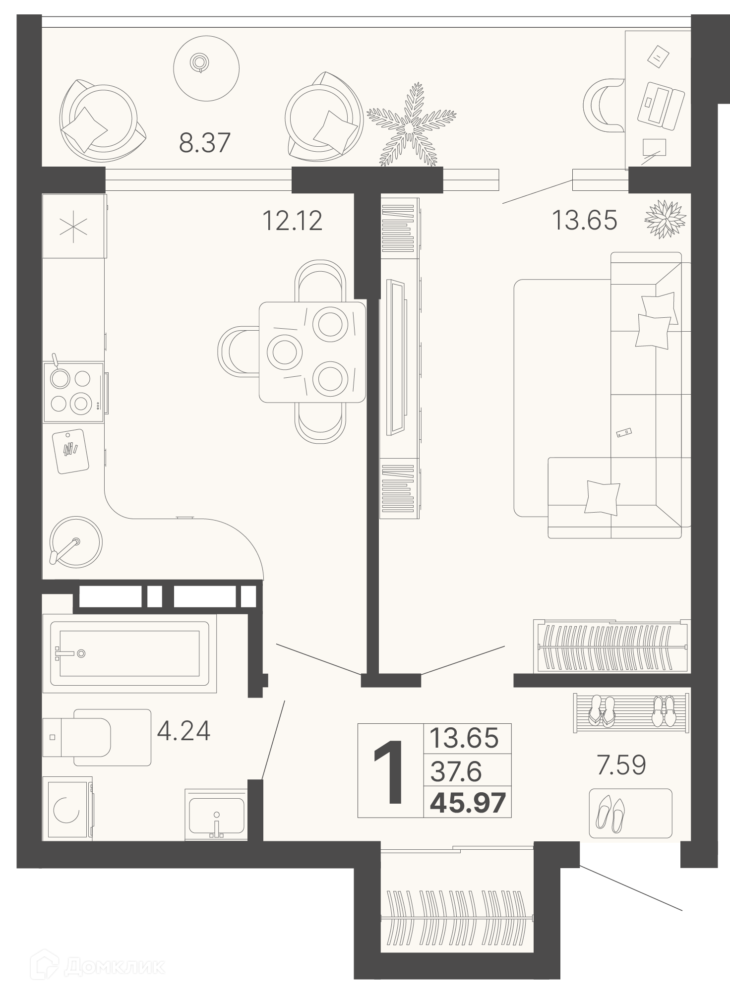 1-комн 41.79 м² - фото 1