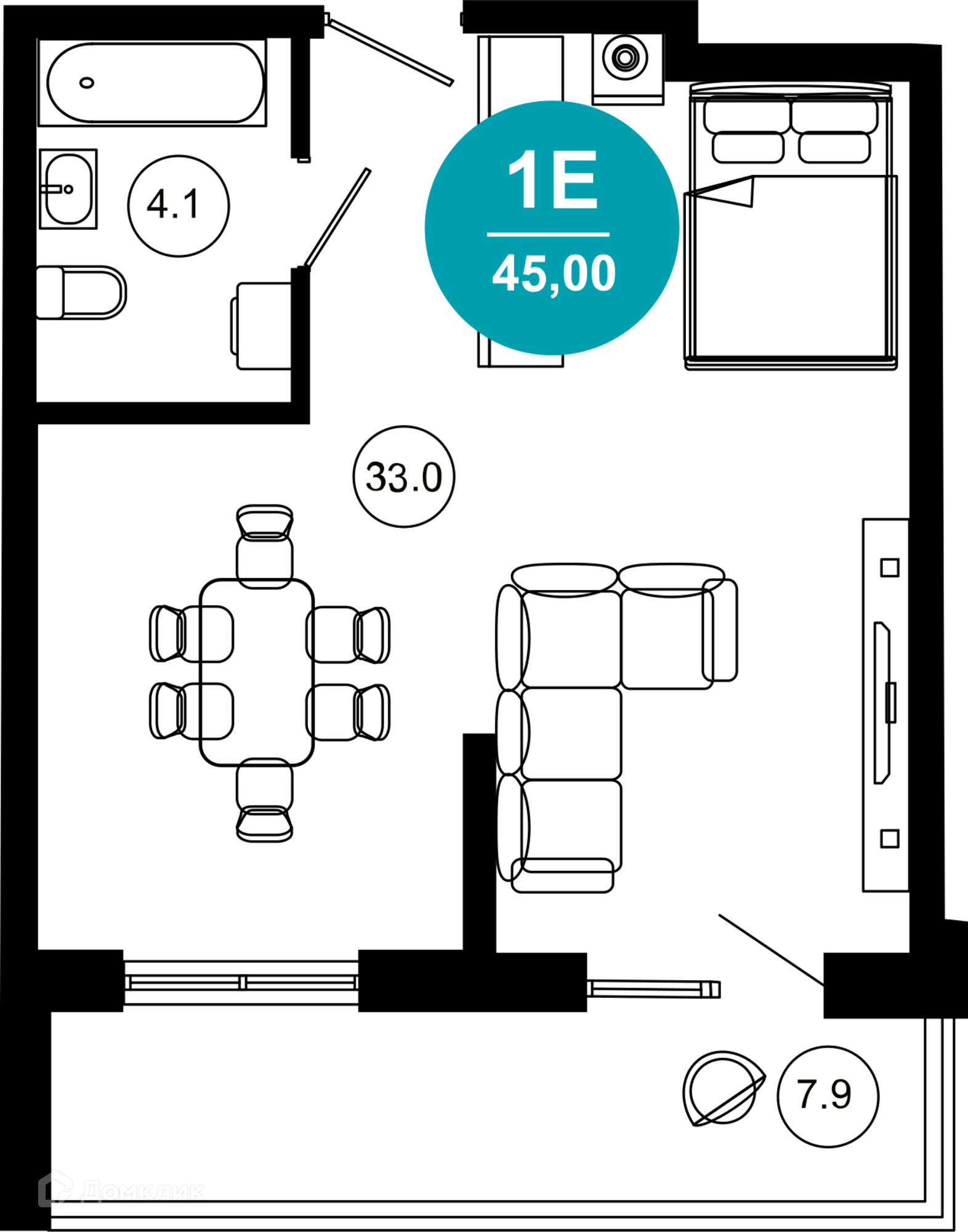 1-комнатная квартира, 45.00 м², 7/10 эт.