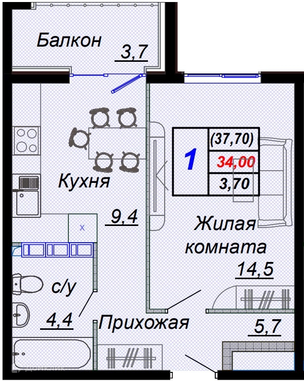 1-комн 37.70 м² - фото 1