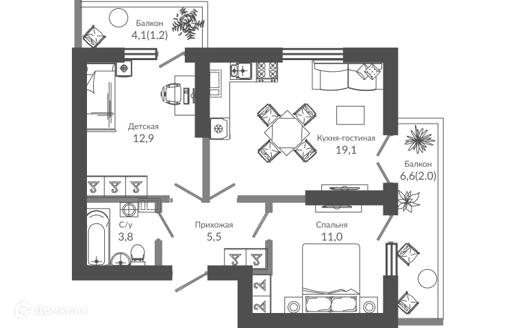 2-комн 56.00 м² - фото 1