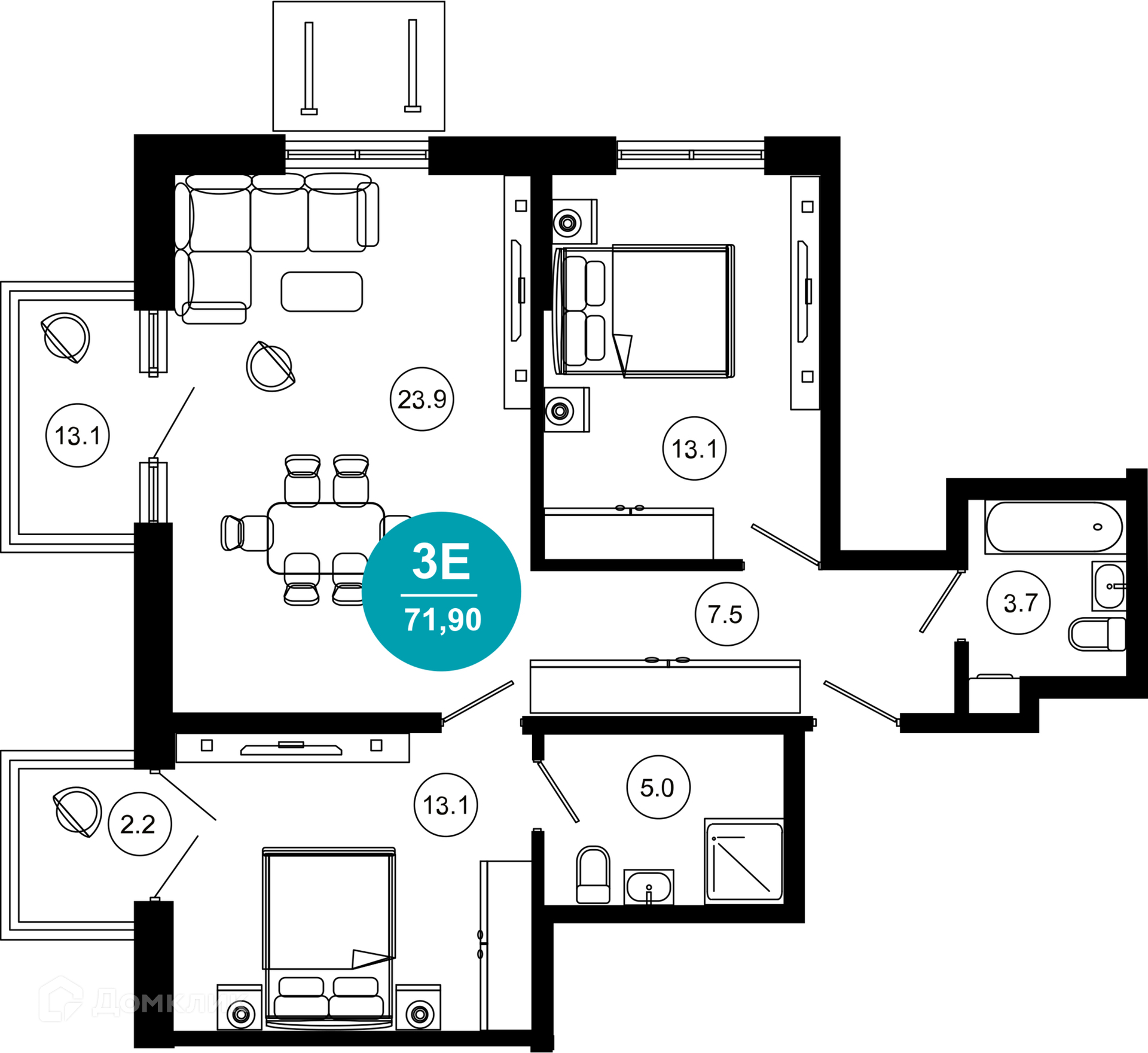 3-комнатная квартира, 71.90 м², 2/10 эт.