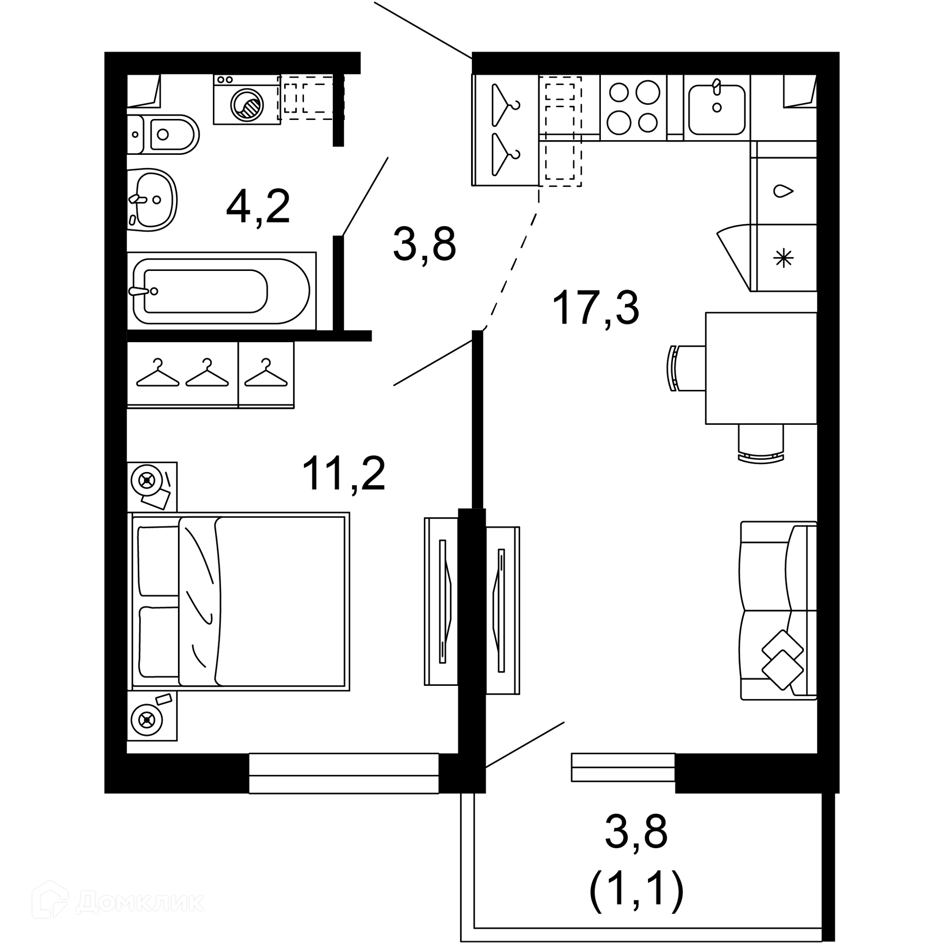 1-комнатная квартира, 37.60 м², 1/17 эт.