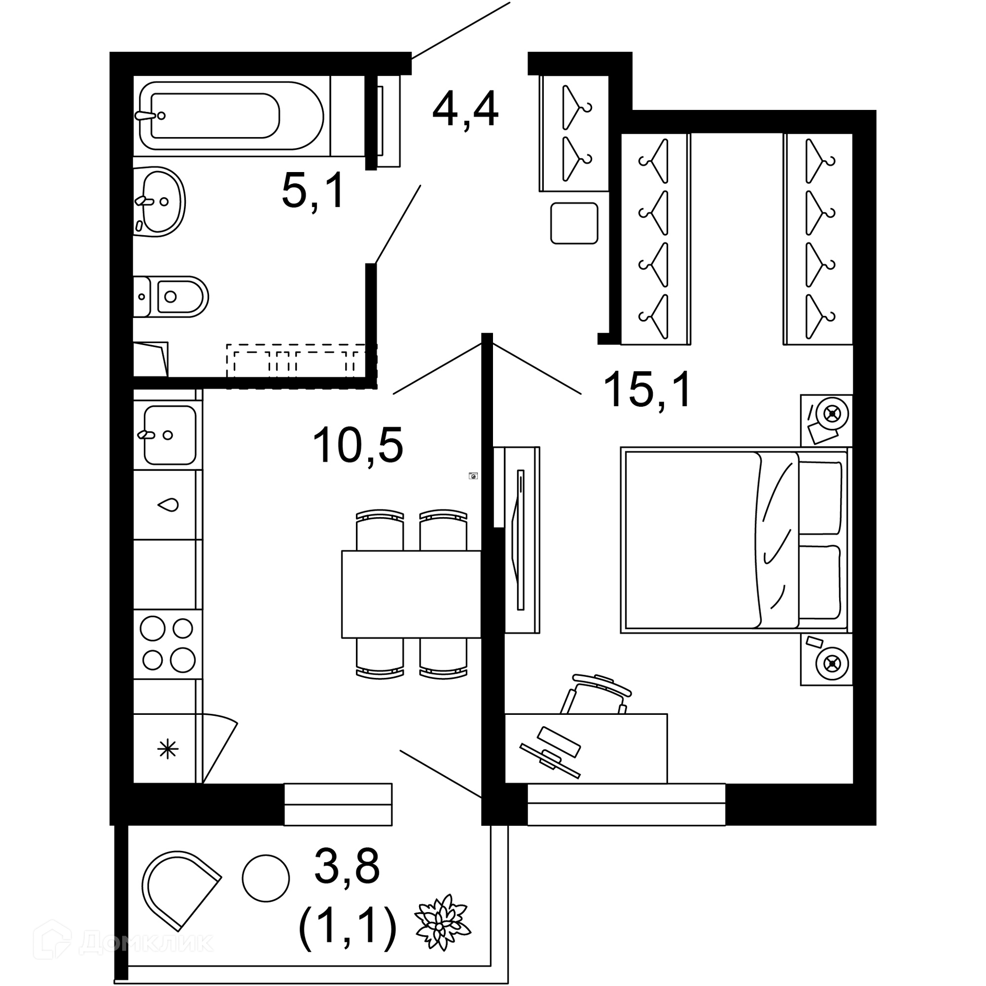 1-комнатная квартира, 36.20 м², 1/12 эт.