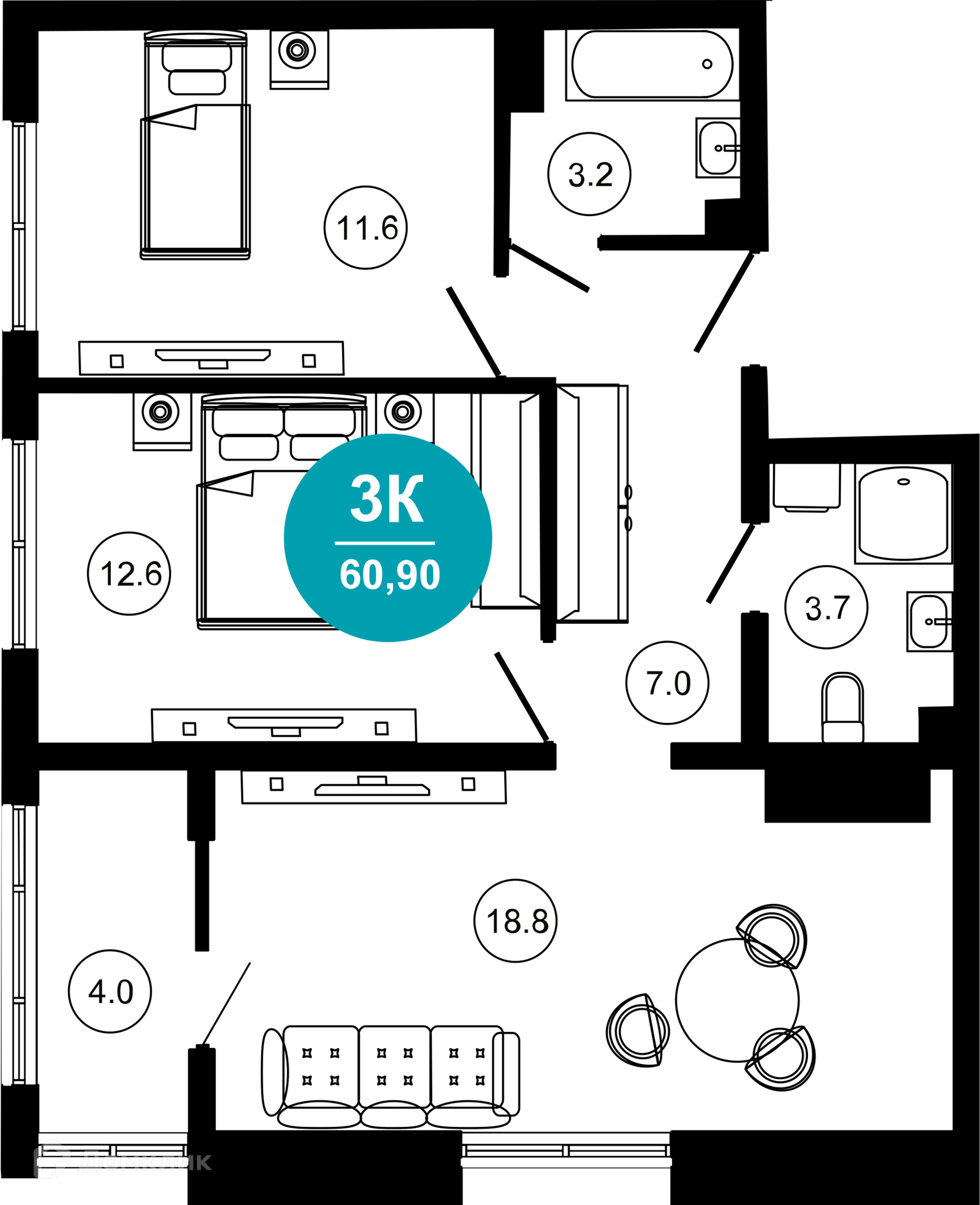 3-комнатная квартира, 60.90 м², 3/10 эт.
