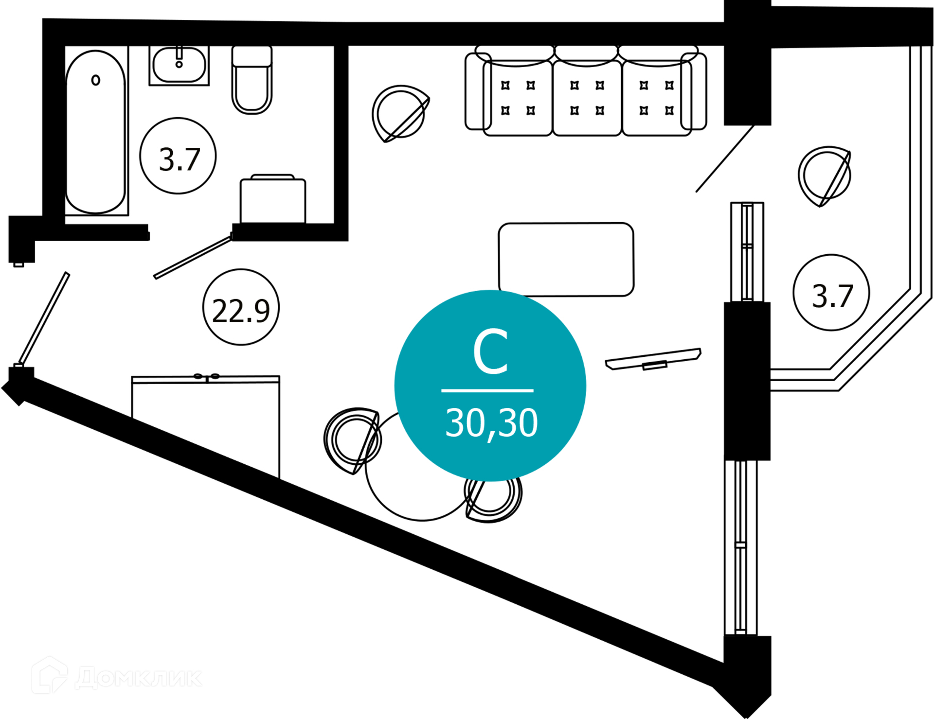 1-комнатная квартира, 30.30 м², 4/10 эт.