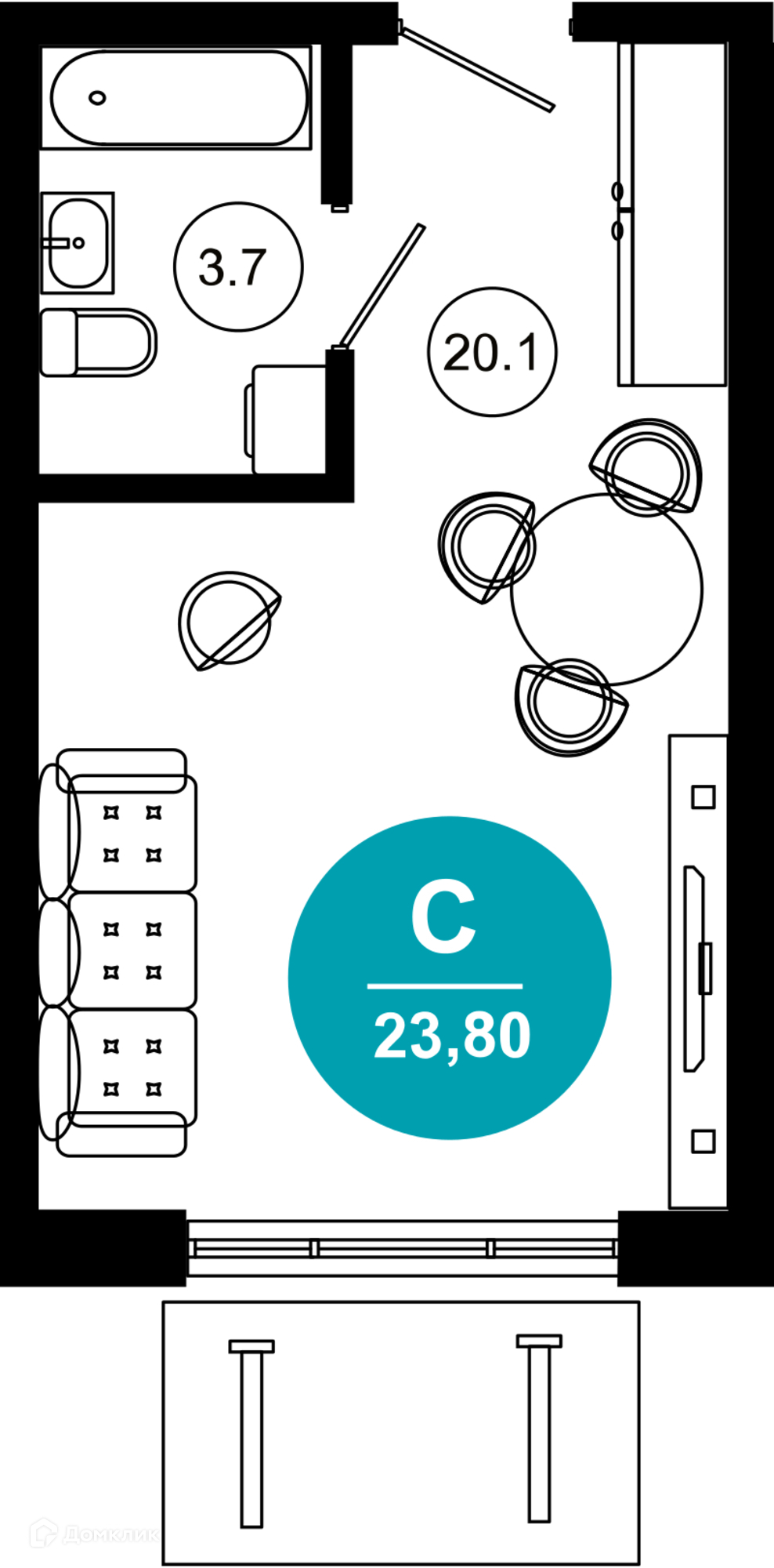 1-комнатная квартира, 23.80 м², 2/10 эт.