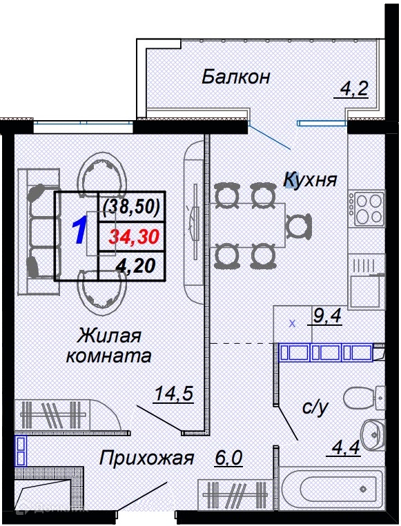 1-комнатная квартира, 38.50 м², 14/16 эт.