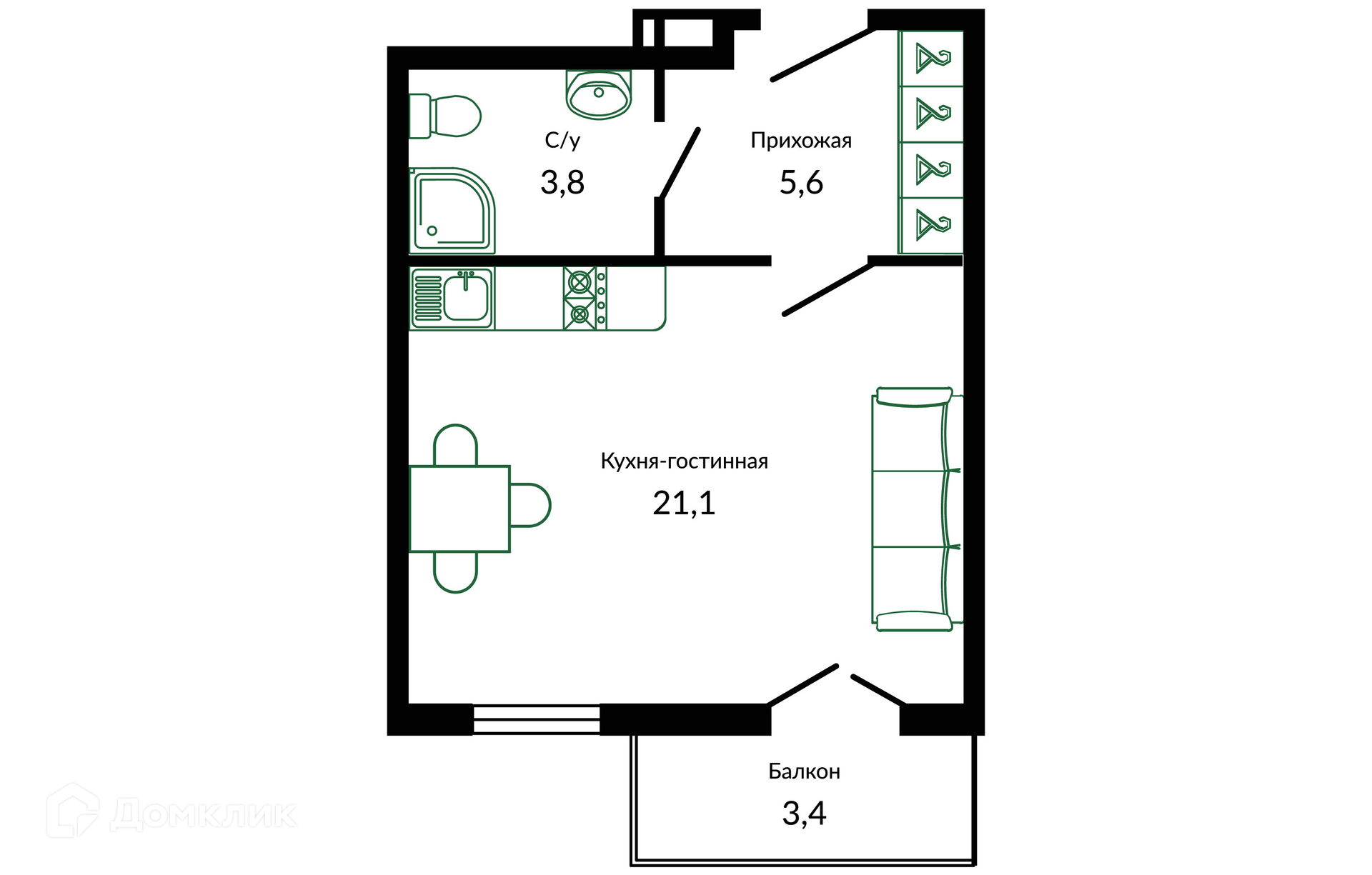 Студия 33.60 м² - фото 1