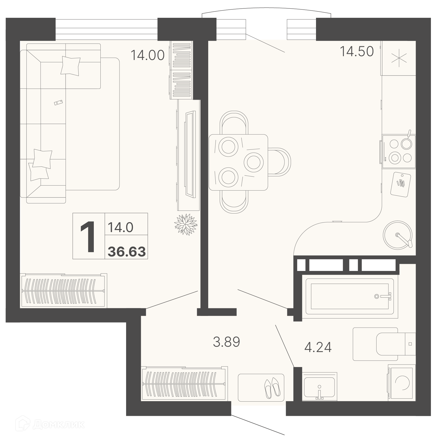 1-комн 36.63 м² - фото 1