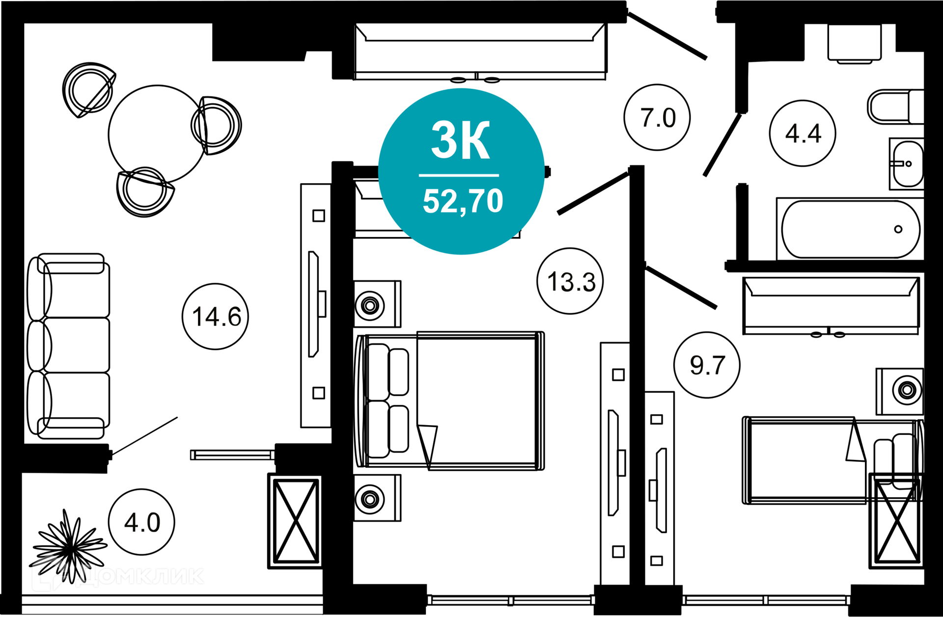 3-комн 52.70 м² - фото 1