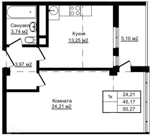 1-комнатная квартира, 50.27 м², 3/12 эт.