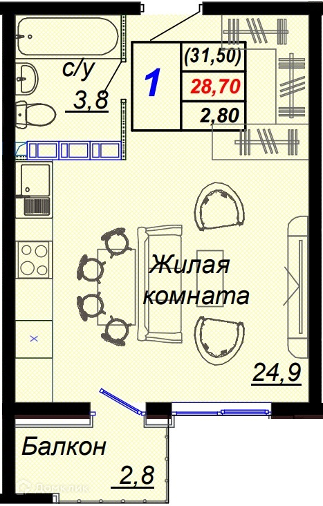 1-комн 31.50 м² - фото 1