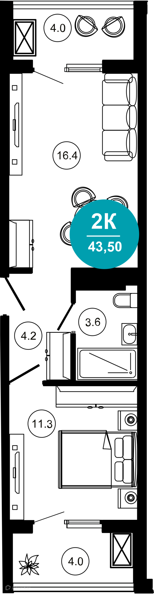 2-комнатная квартира, 43.50 м², 3/10 эт.