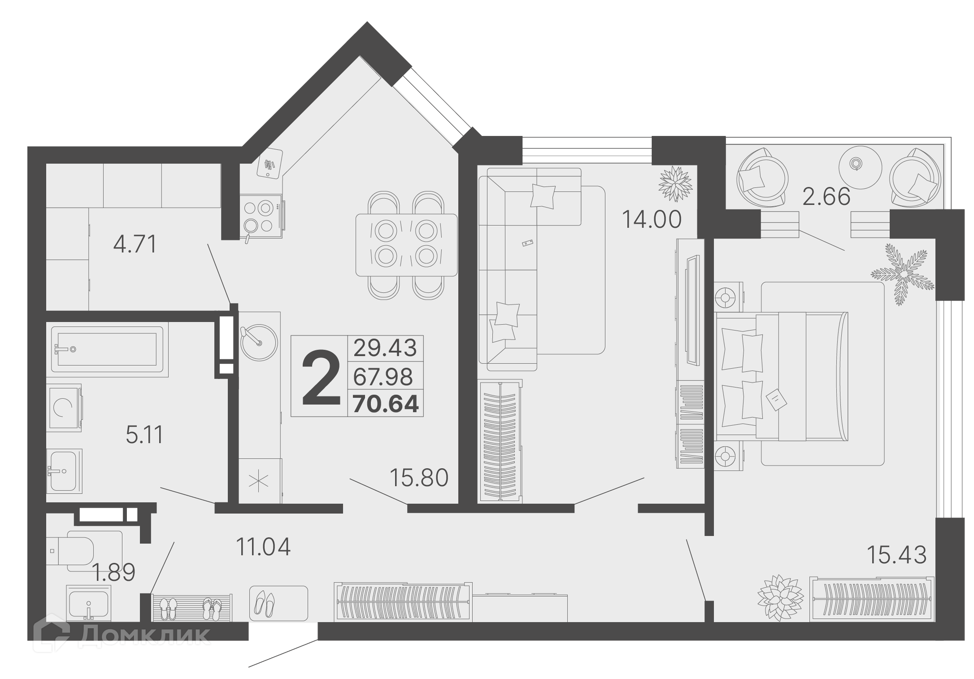 2-комн 69.31 м² - фото 1