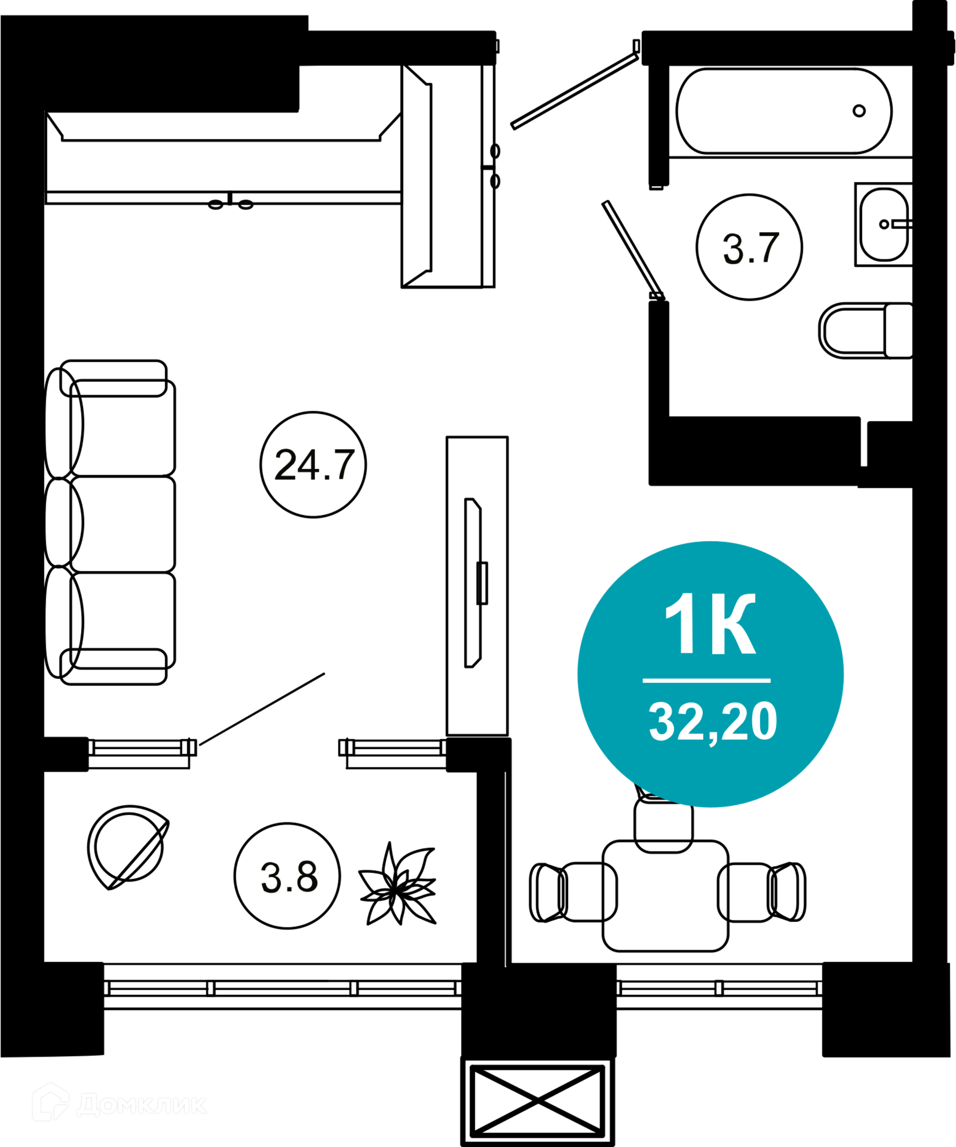 1-комнатная квартира, 32.20 м², 2/10 эт.