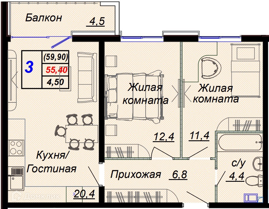 3-комн 59.90 м² - фото 1