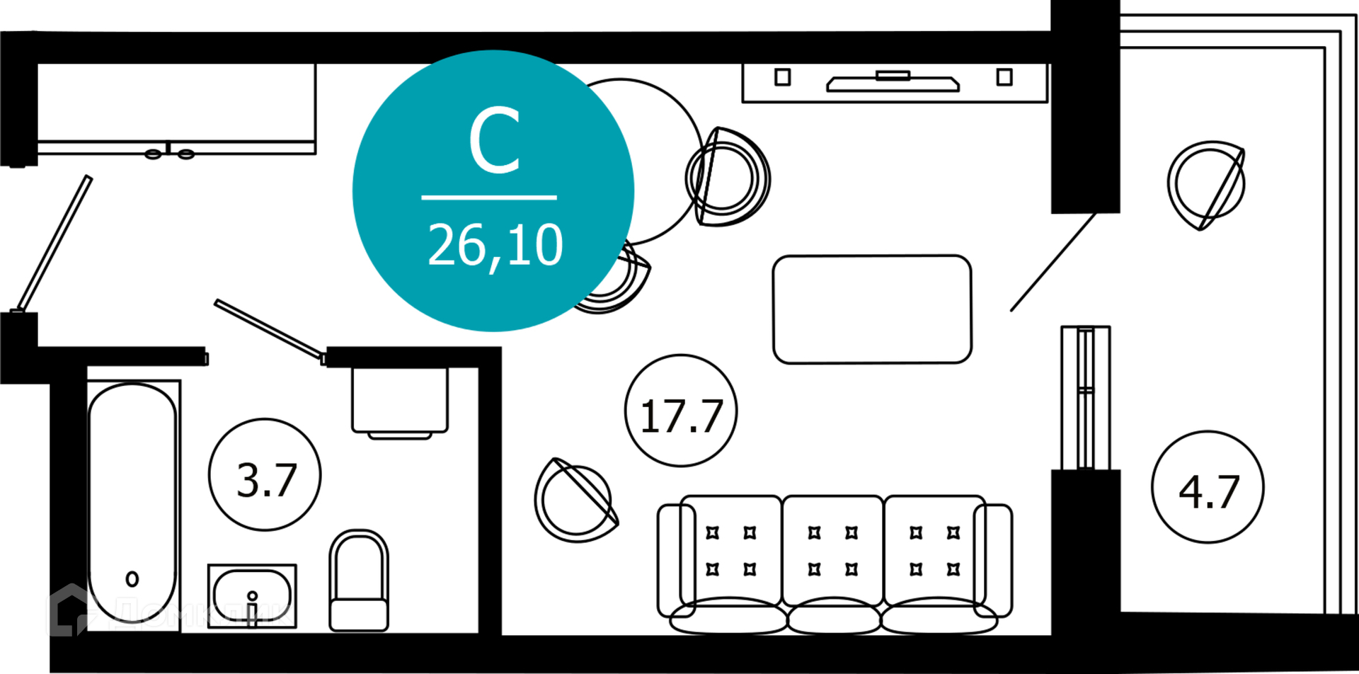 1-комнатная квартира, 26.10 м², 4/10 эт.