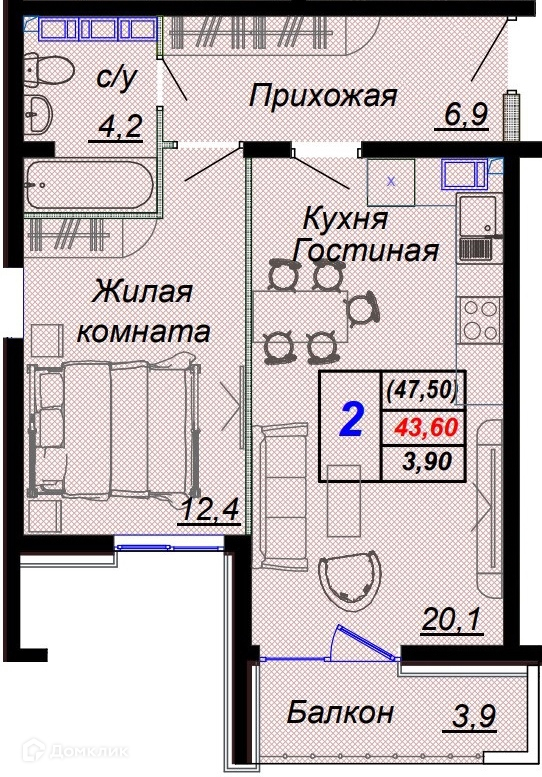 2-комн 47.50 м² - фото 1